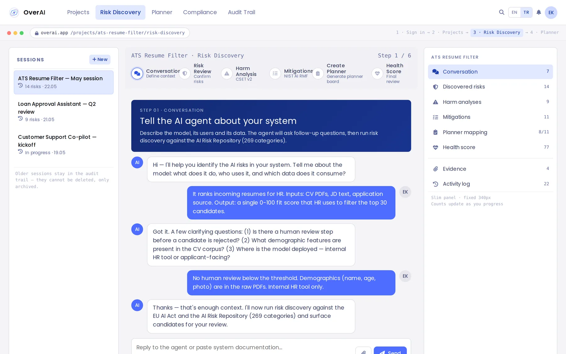 OverAI Risk Agent conversation: a checklist on the right fills in automatically as the AI system is described